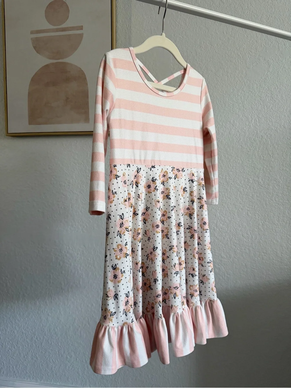 Girls' Pink Striped & Floral Ruffle Dress with Criss-Cross Back